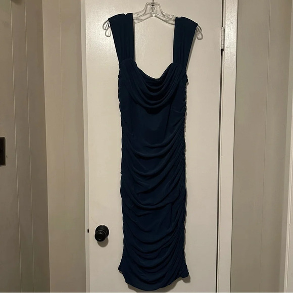 NWT PRETTYGARDEN Off The Shoulder Ruched Bodycon Dress Midi Dress Navy size XL - Picture 3 of 11